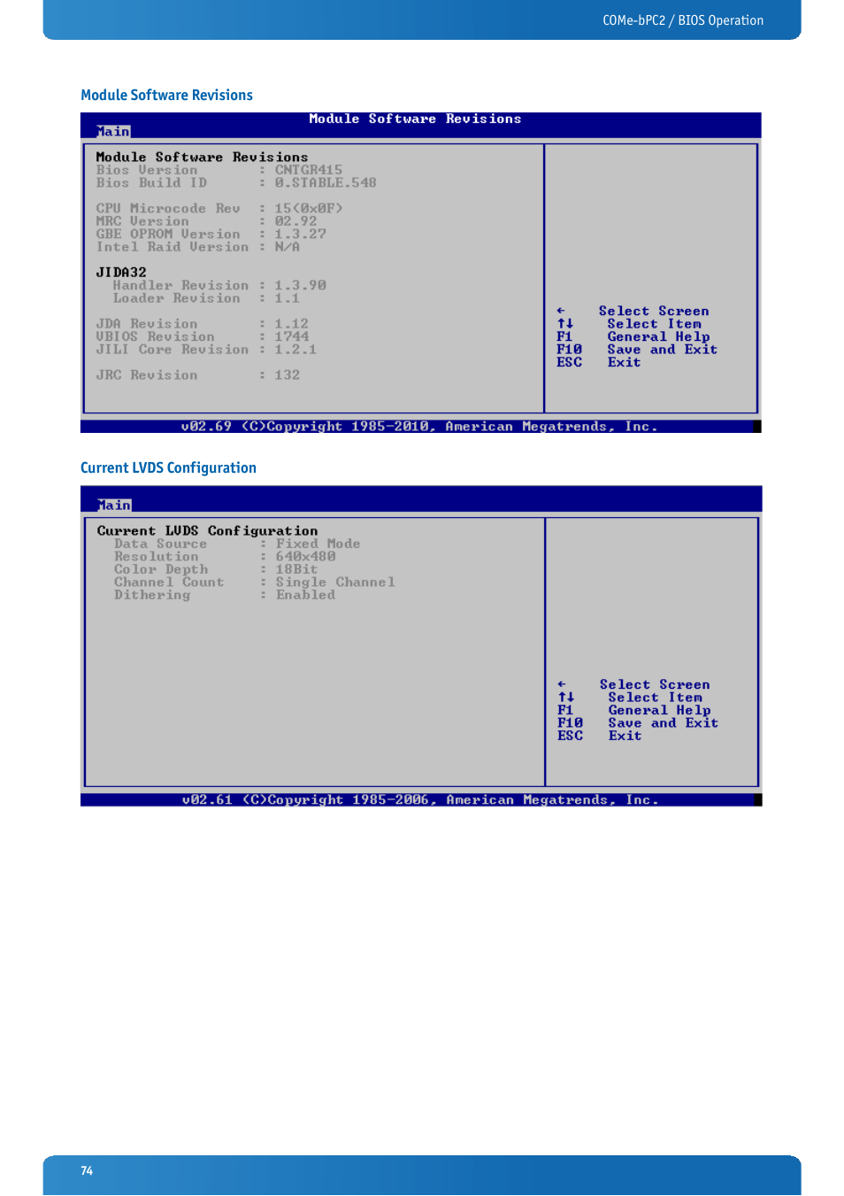 Module software revisions, Current lvds configuration | Kontron COMe-bPC2 User Manual | Page 74 / 115