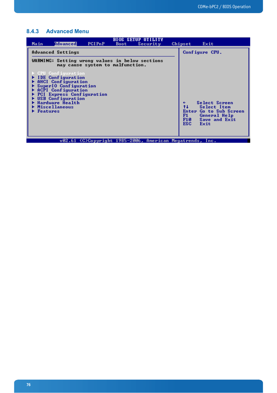 3 advanced menu, Advanced menu | Kontron COMe-bPC2 User Manual | Page 76 / 115