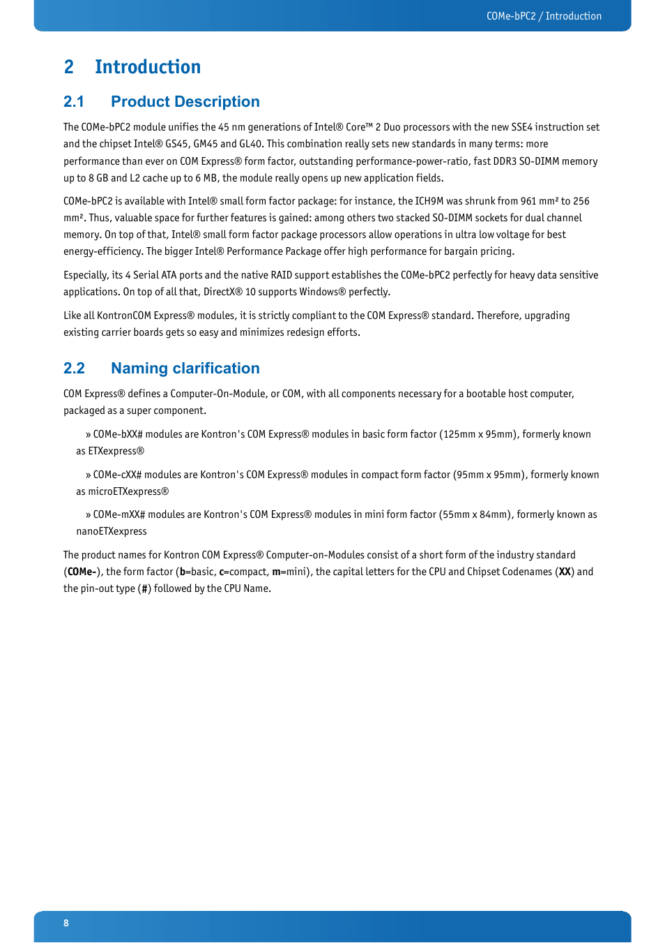 2 introduction, 1 product description, 2 naming clarification | Introduction, Product description, Naming clarification | Kontron COMe-bPC2 User Manual | Page 8 / 115