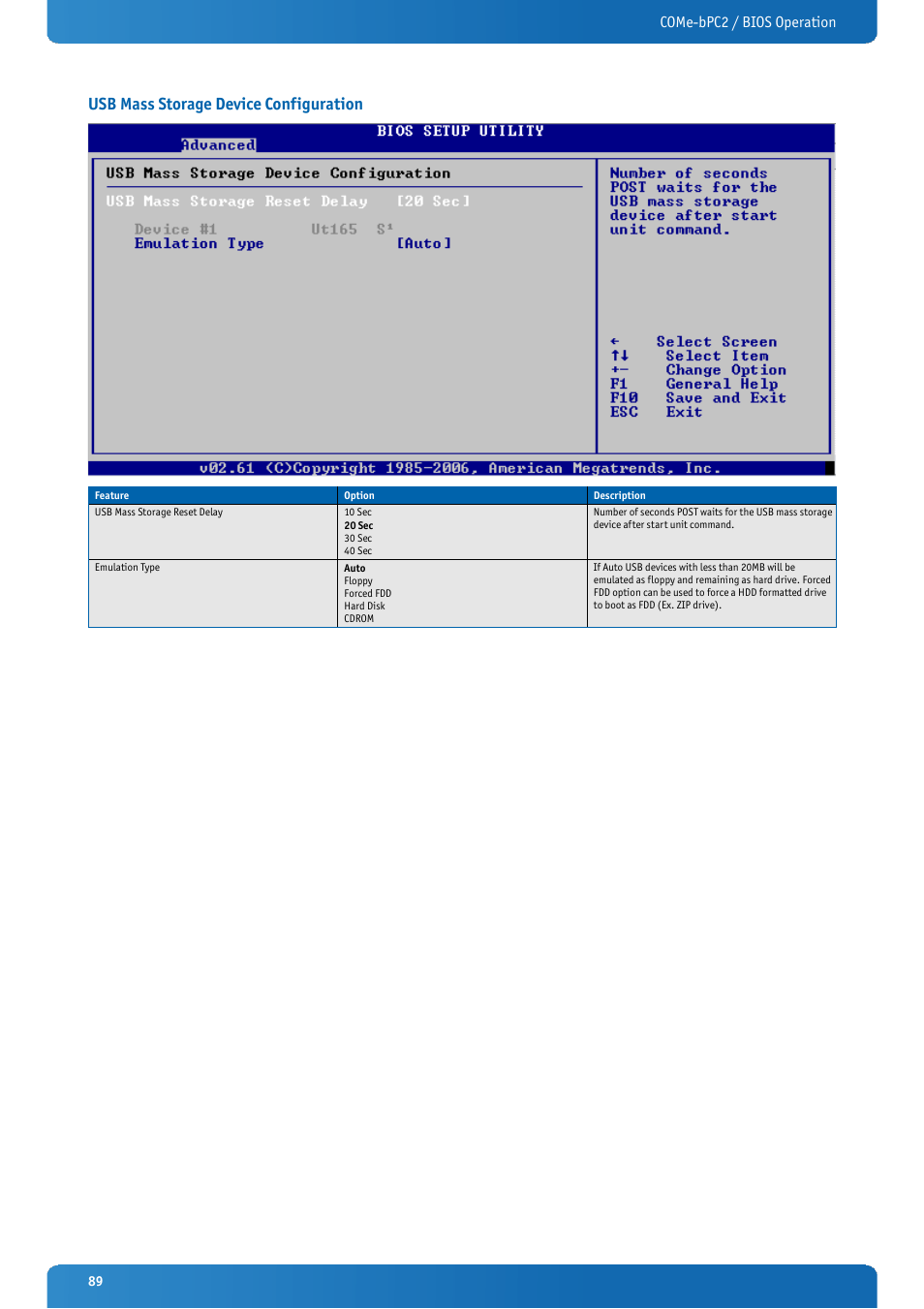 Usb mass storage device configuration, Come-bpc2 / bios operation | Kontron COMe-bPC2 User Manual | Page 89 / 115