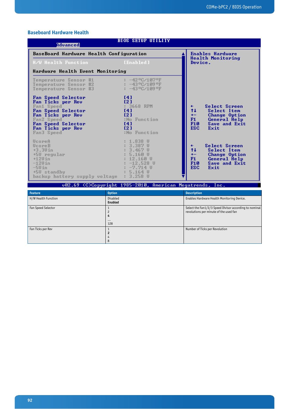 Baseboard hardware health, Come-bpc2 / bios operation | Kontron COMe-bPC2 User Manual | Page 92 / 115