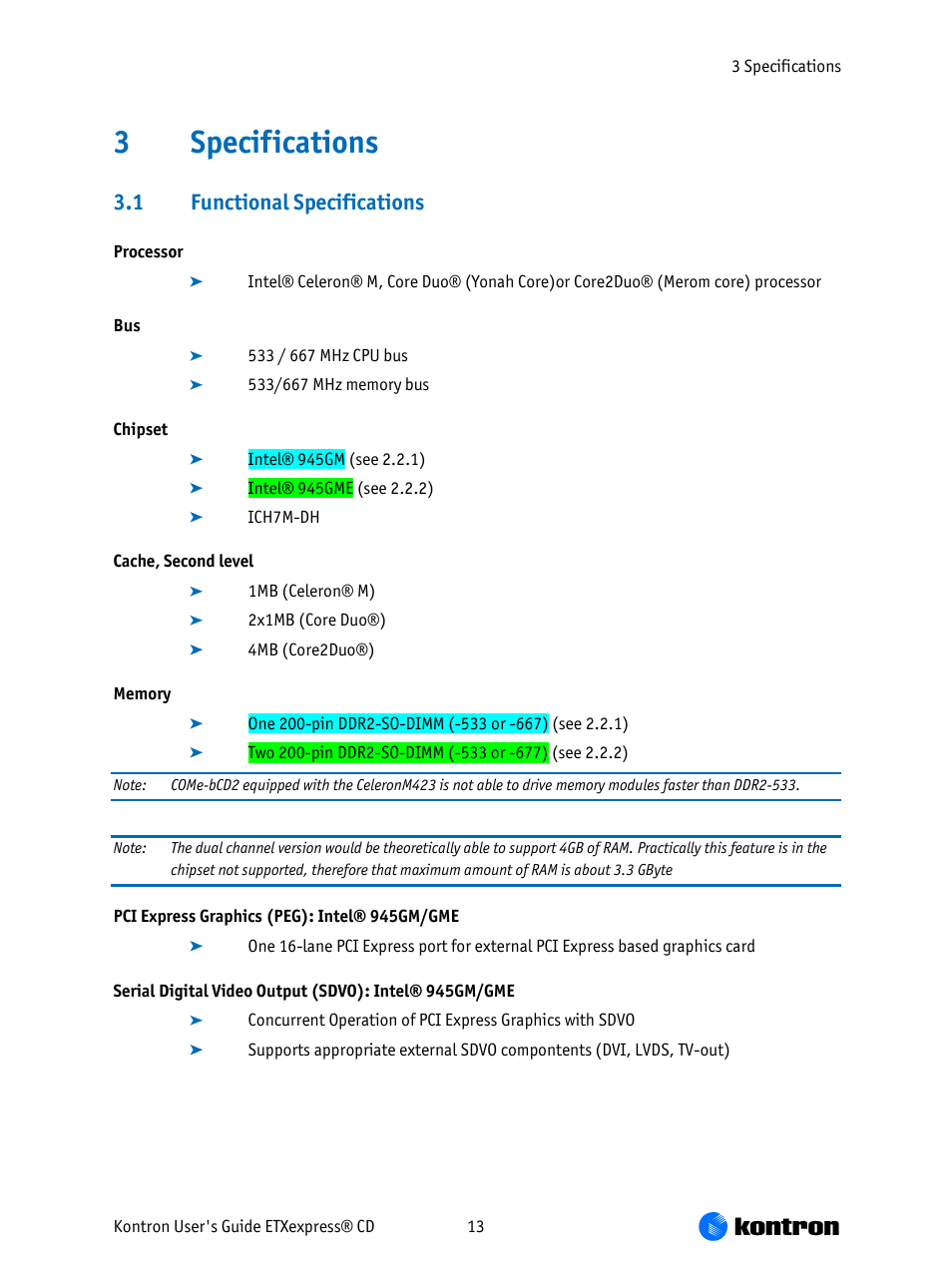 Specifications, Functional specifications, 3specifications | 1 functional specifications | Kontron COMe-bCD2 User Manual | Page 13 / 80