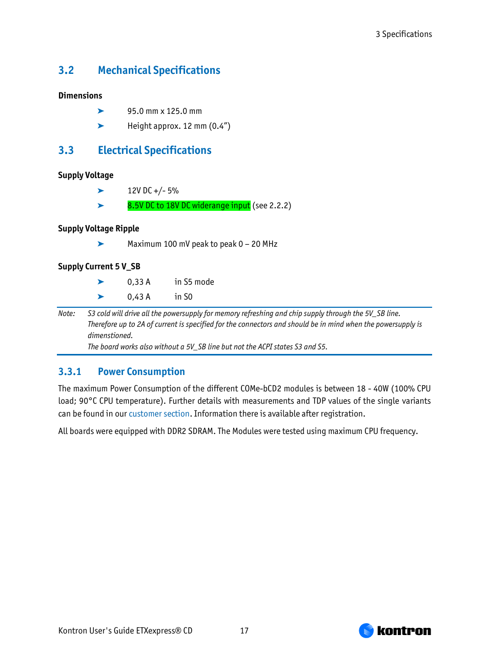 Mechanical specifications, Electrical specifications, 1 power consumption | 2 mechanical specifications, 3 electrical specifications | Kontron COMe-bCD2 User Manual | Page 17 / 80