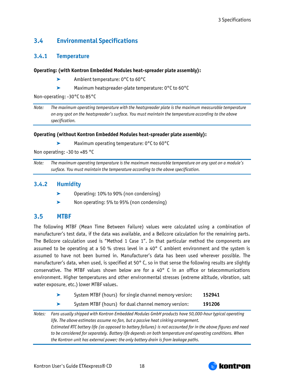 Environmental specifications, 1 temperature 3.4.2 humidity 3.5, Mtbf | 4 environmental specifications, 5 mtbf | Kontron COMe-bCD2 User Manual | Page 18 / 80