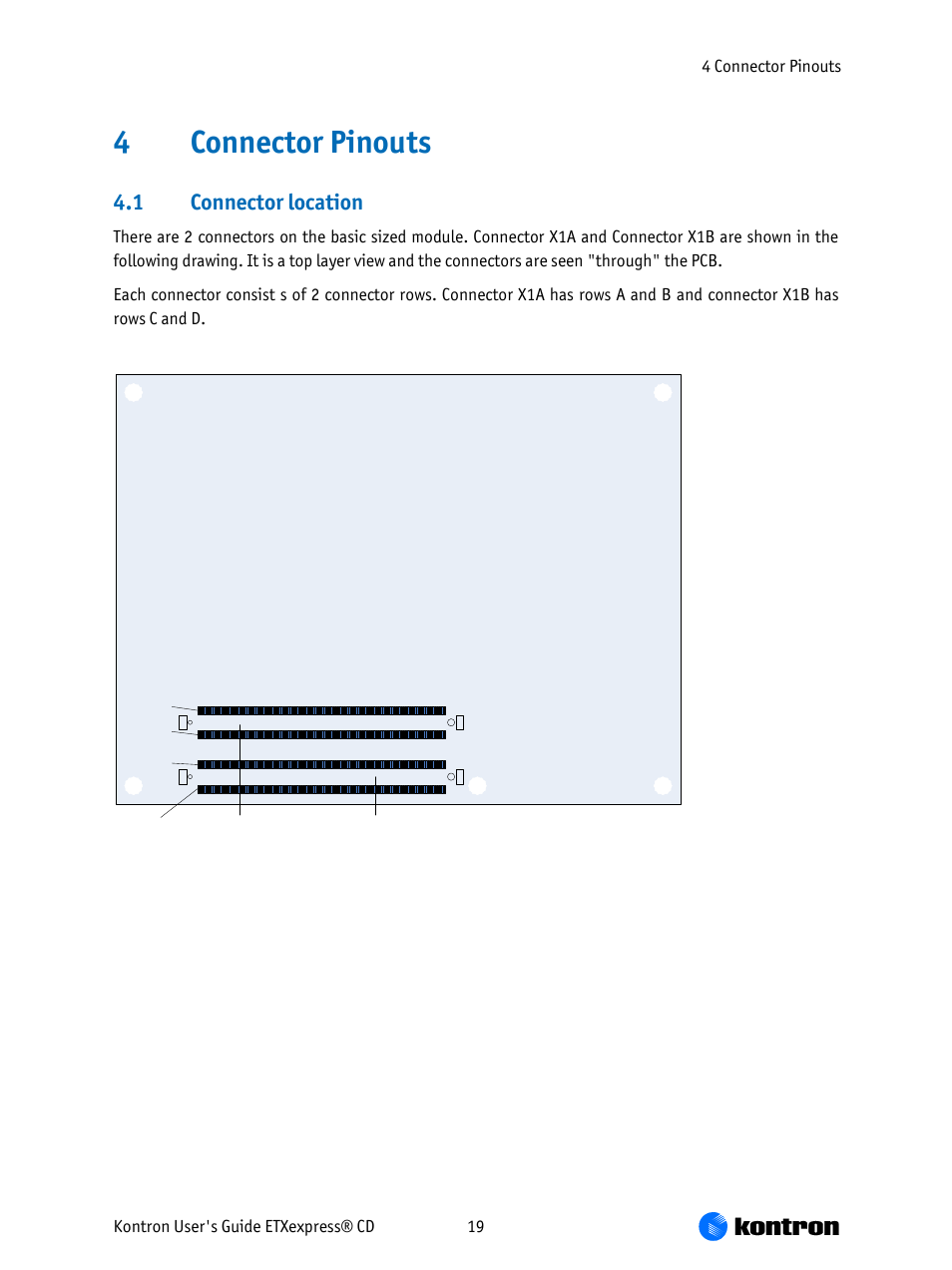 Connector pinouts, Connector location, 4connector pinouts | 1 connector location | Kontron COMe-bCD2 User Manual | Page 19 / 80