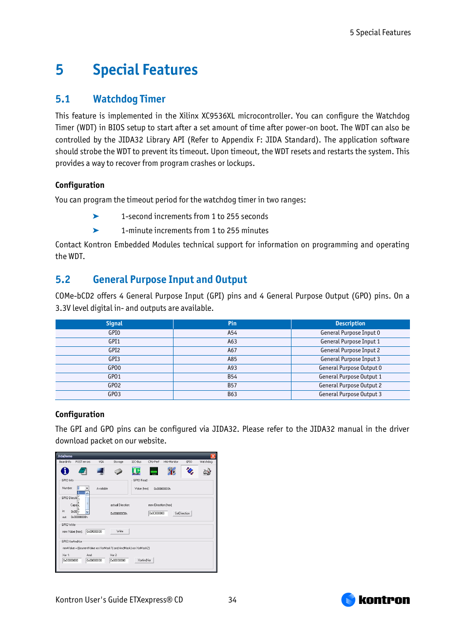 Special features, Watchdog timer, General purpose input and output | 5special features, 1 watchdog timer, 2 general purpose input and output | Kontron COMe-bCD2 User Manual | Page 34 / 80