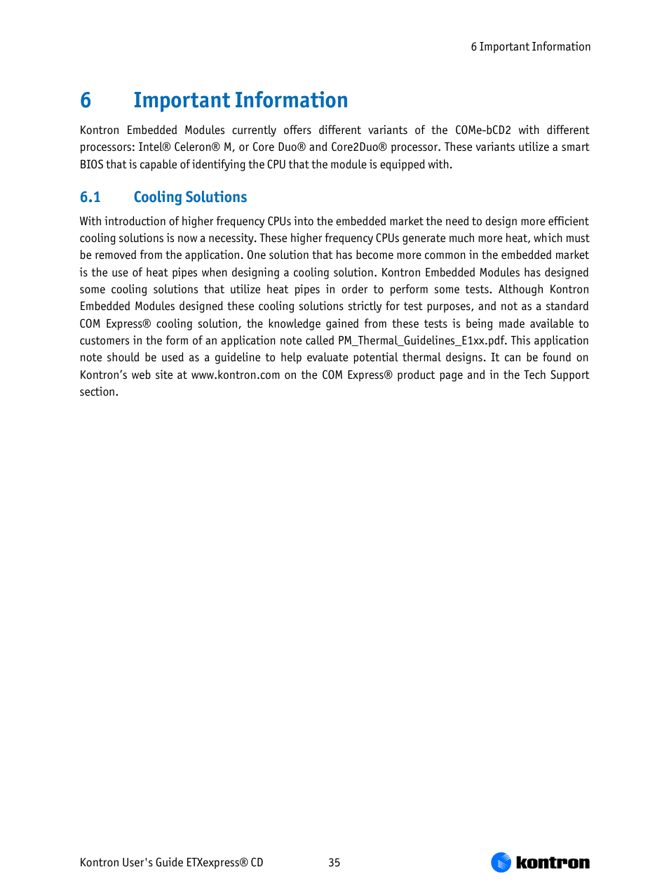 Important information, Cooling solutions, 6important information | Kontron COMe-bCD2 User Manual | Page 35 / 80