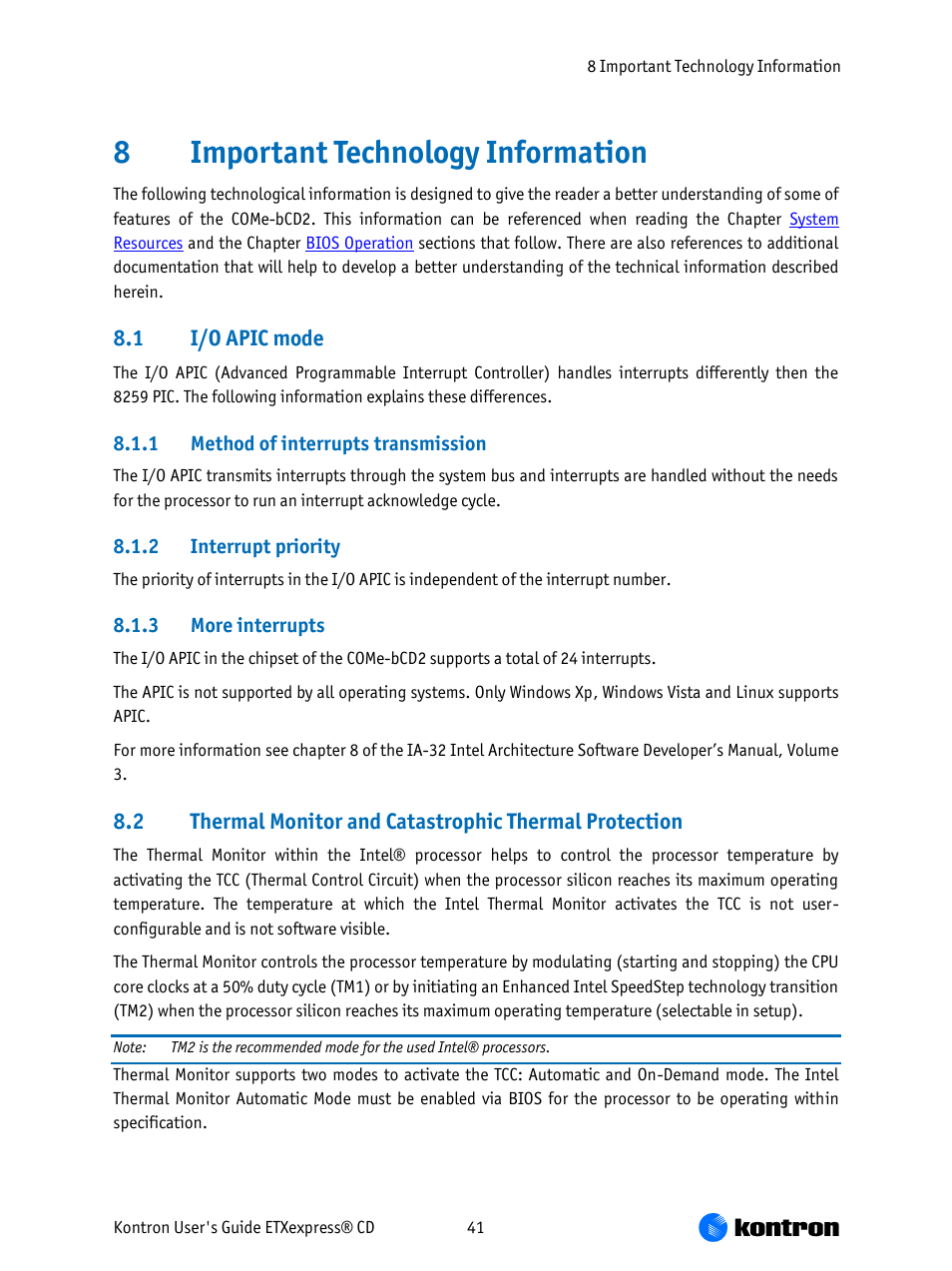 Important technology information, I/o apic mode, 8important technology information | Kontron COMe-bCD2 User Manual | Page 41 / 80