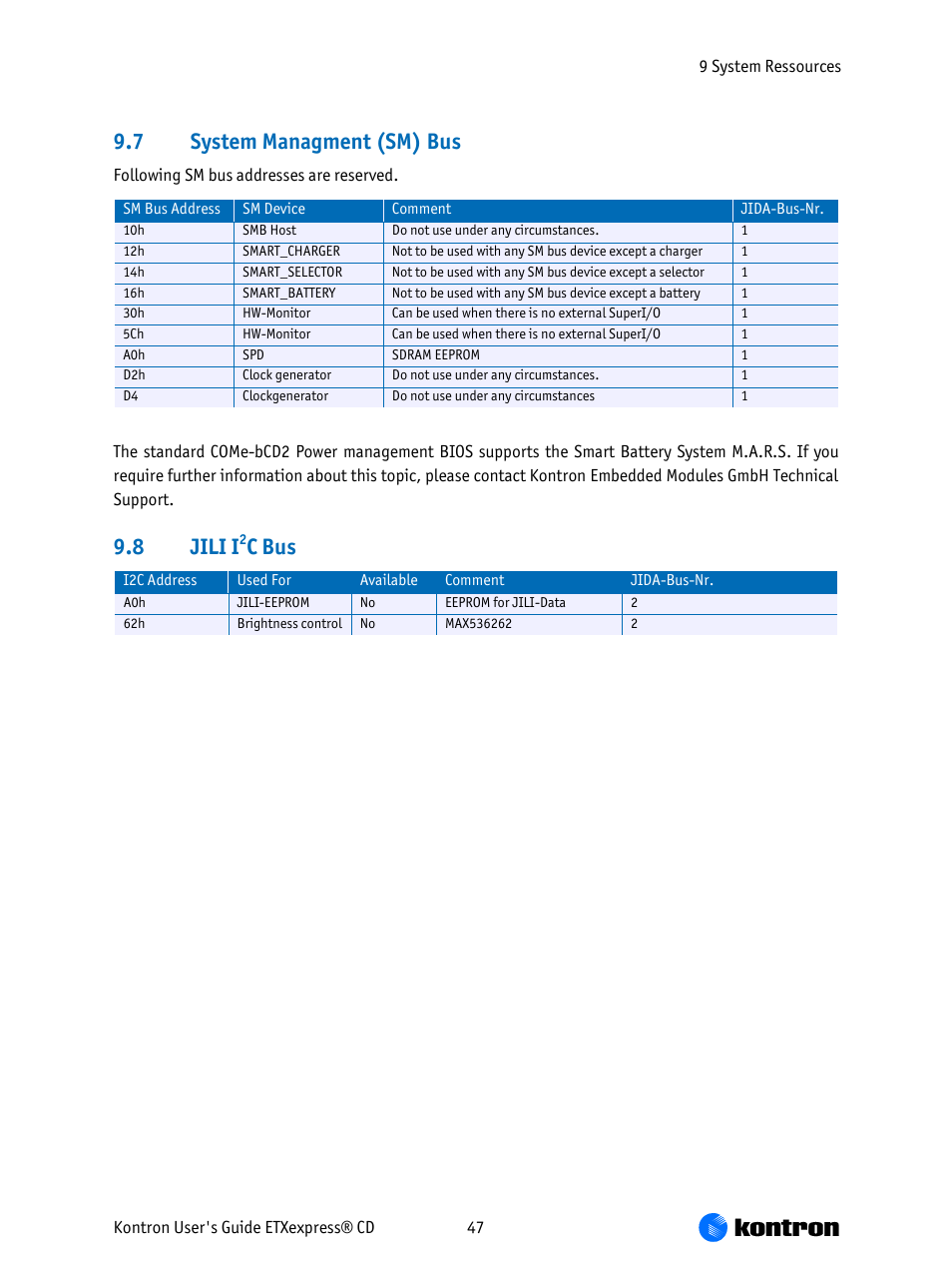 System managment (sm) bus, Jili i, C bus | 7 system managment (sm) bus, 8 jili i | Kontron COMe-bCD2 User Manual | Page 47 / 80