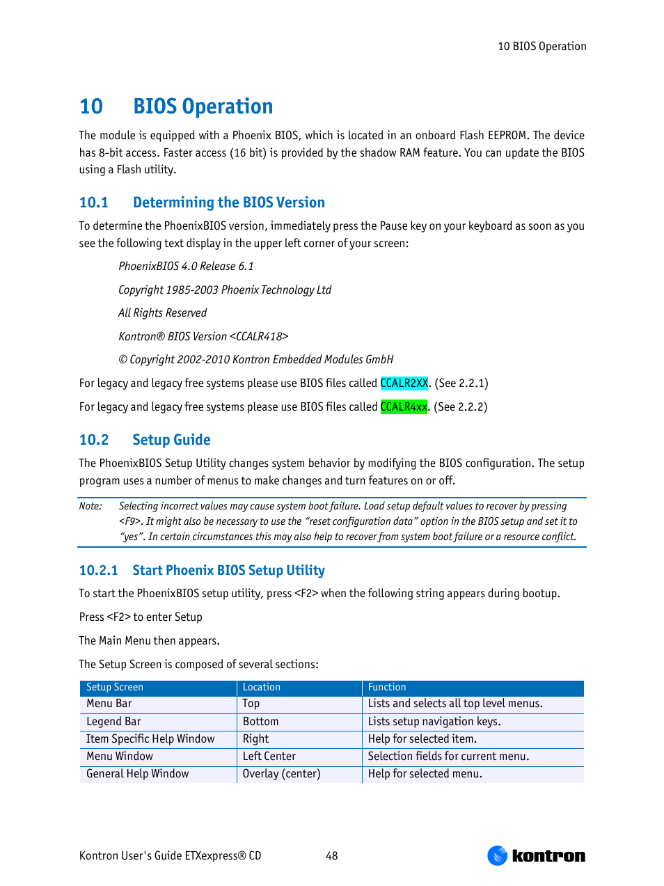 Bios operation, Determining the bios version, Setup guide | 1 start phoenix bios setup utility, 10 bios operation, 1 determining the bios version, 2 setup guide | Kontron COMe-bCD2 User Manual | Page 48 / 80