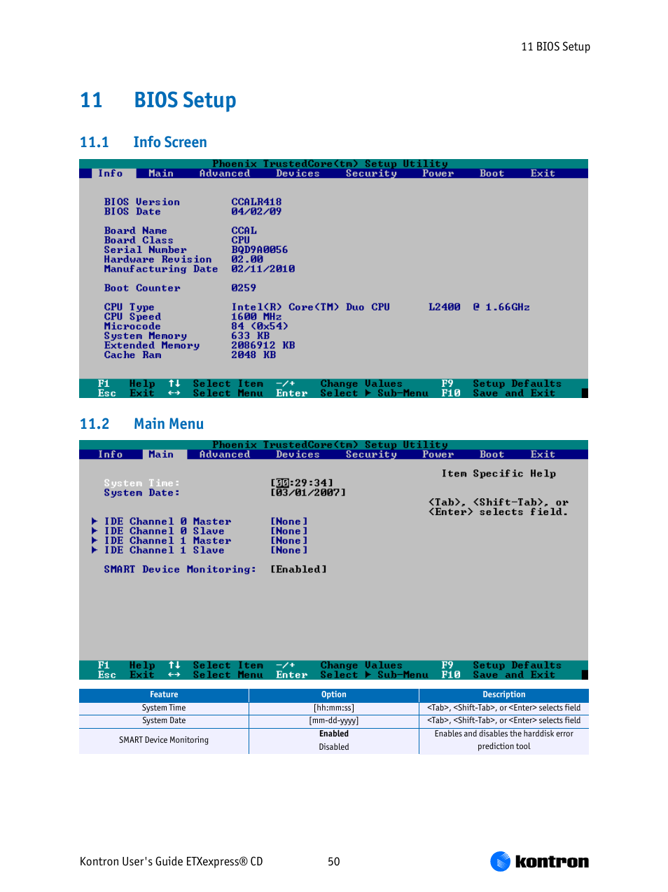 Bios setup, Info screen, Main menu | 11 bios setup, 1 info screen, 2 main menu | Kontron COMe-bCD2 User Manual | Page 50 / 80