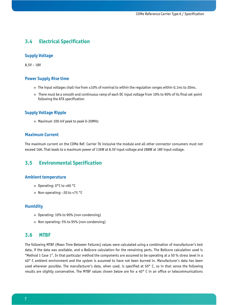 Electrical specification, Environmental specification, Mtbf | 4 electrical specification, 5 environmental specification, 6 mtbf | Kontron COMe Ref.Carrier T6 User Manual | Page 10 / 41
