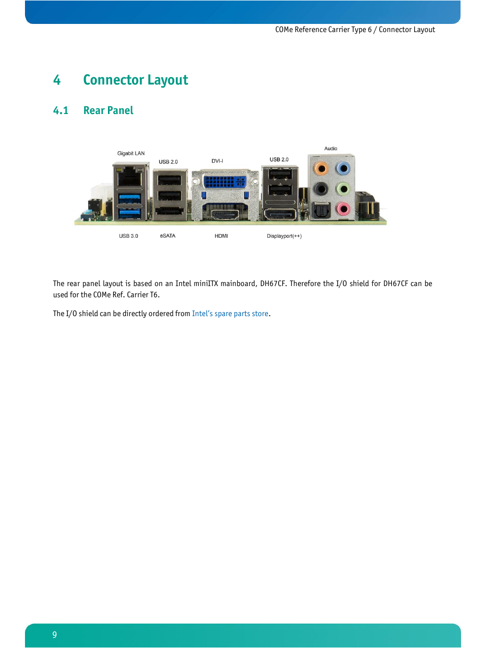 Connector layout, Rear panel, 4connector layout | 1 rear panel | Kontron COMe Ref.Carrier T6 User Manual | Page 12 / 41