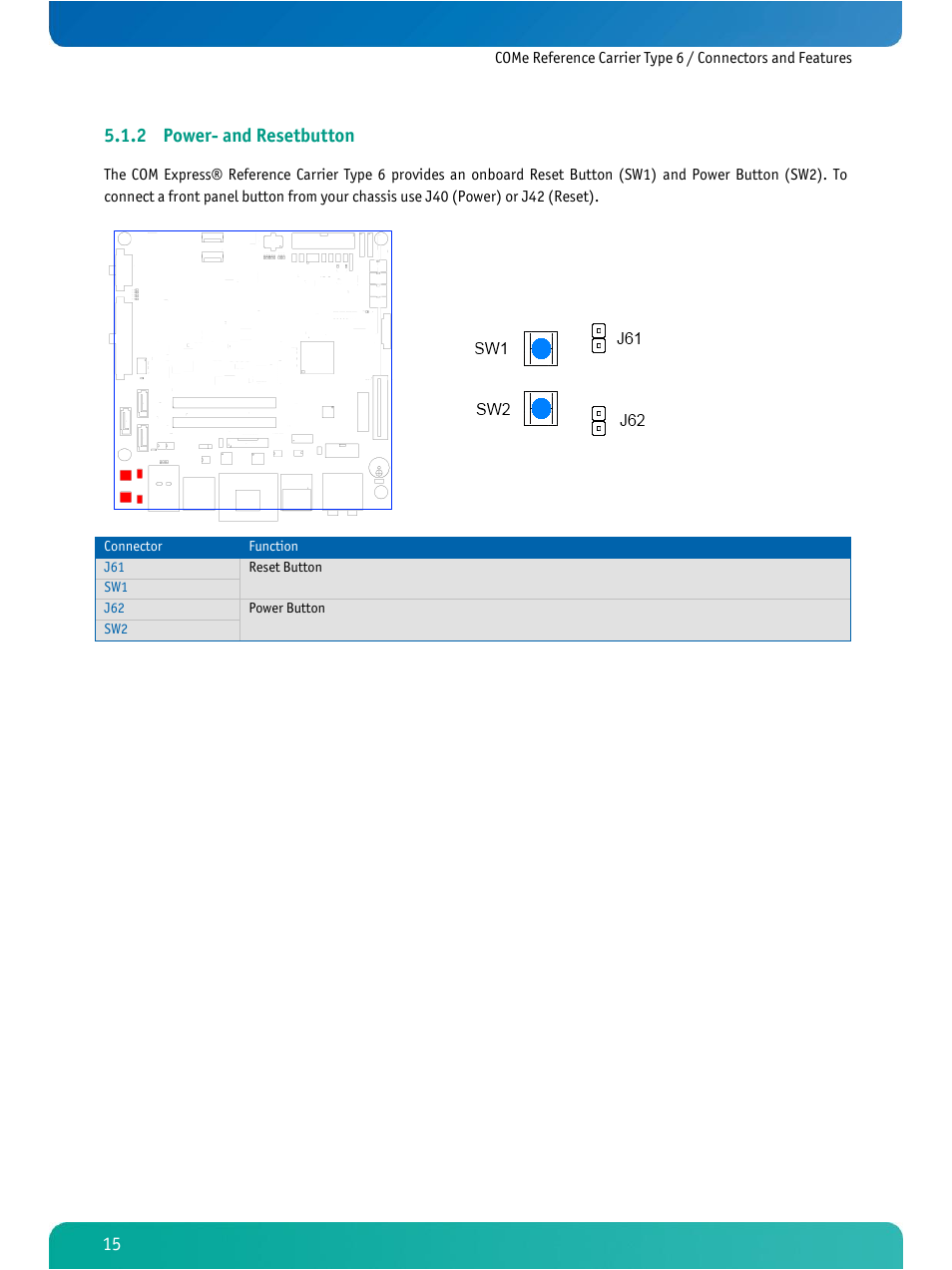 Power- and resetbutton, 2 power- and resetbutton | Kontron COMe Ref.Carrier T6 User Manual | Page 18 / 41