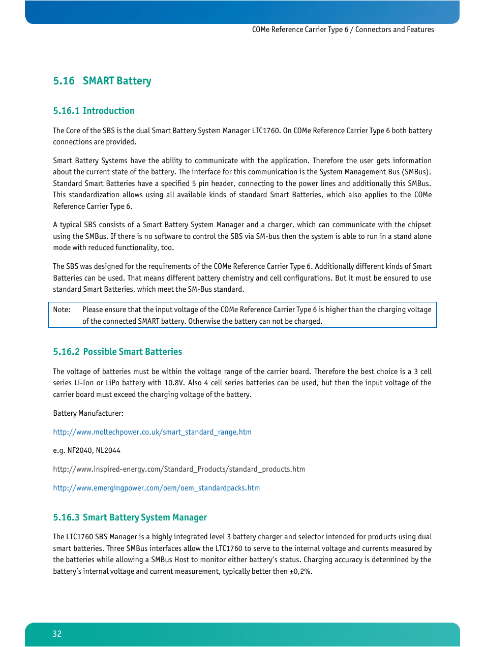 Smart battery, Introduction, Possible smart batteries | Smart battery system manager, 16 smart battery, 1 introduction, 2 possible smart batteries, 3 smart battery system manager | Kontron COMe Ref.Carrier T6 User Manual | Page 35 / 41