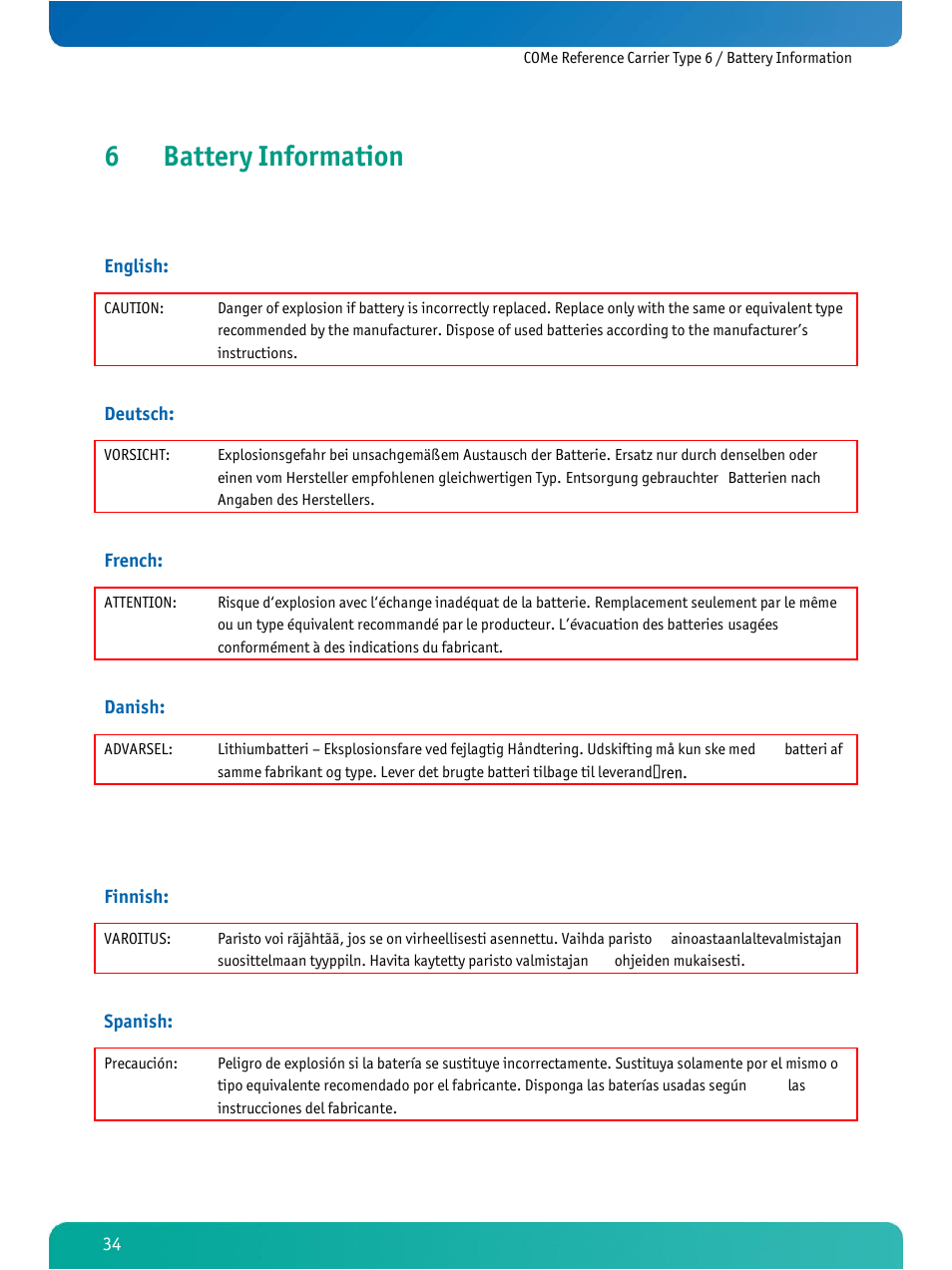 Battery information, 6battery information | Kontron COMe Ref.Carrier T6 User Manual | Page 37 / 41