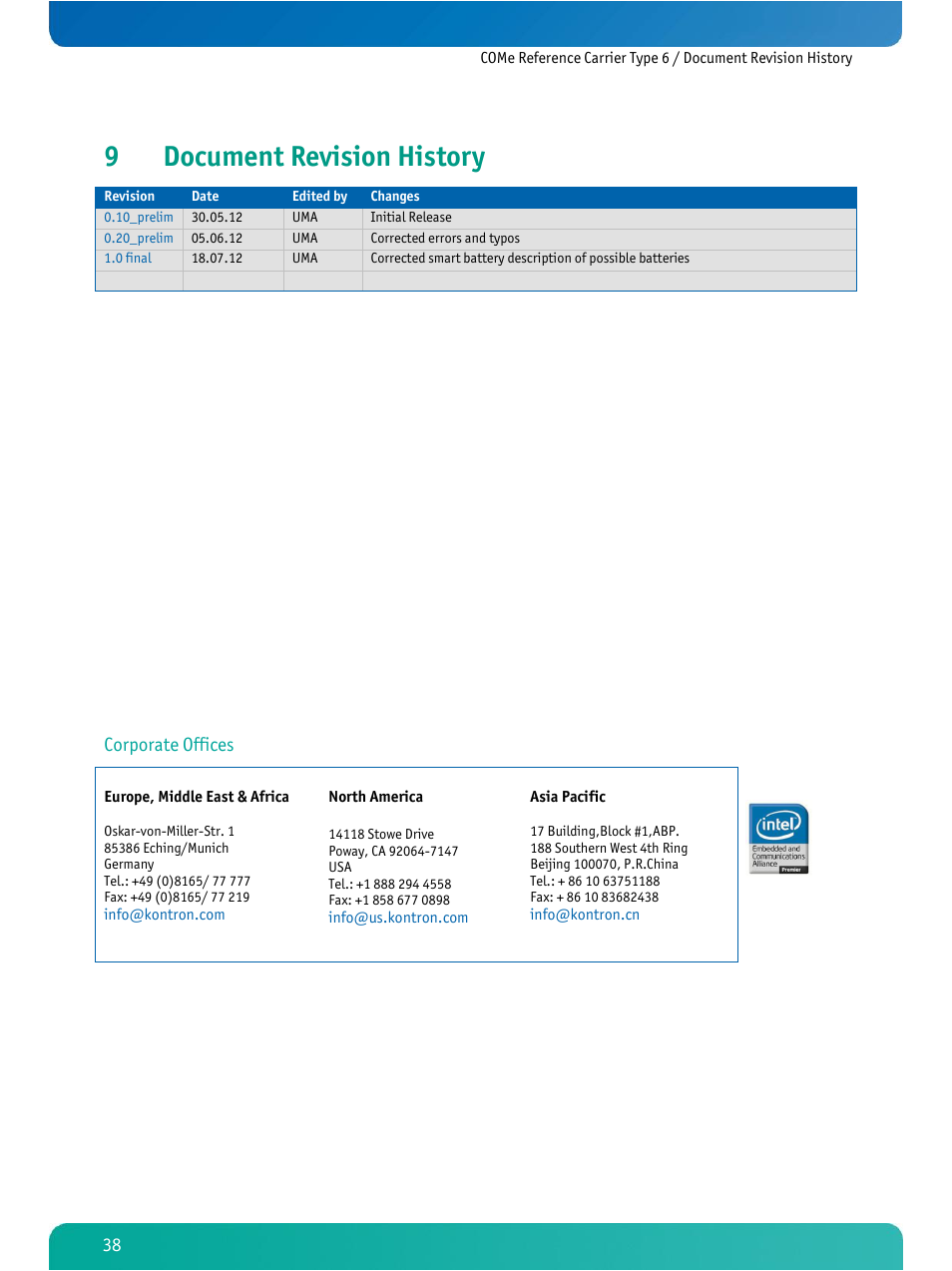 Document revision history, 9document revision history, Corporate offices | Kontron COMe Ref.Carrier T6 User Manual | Page 41 / 41