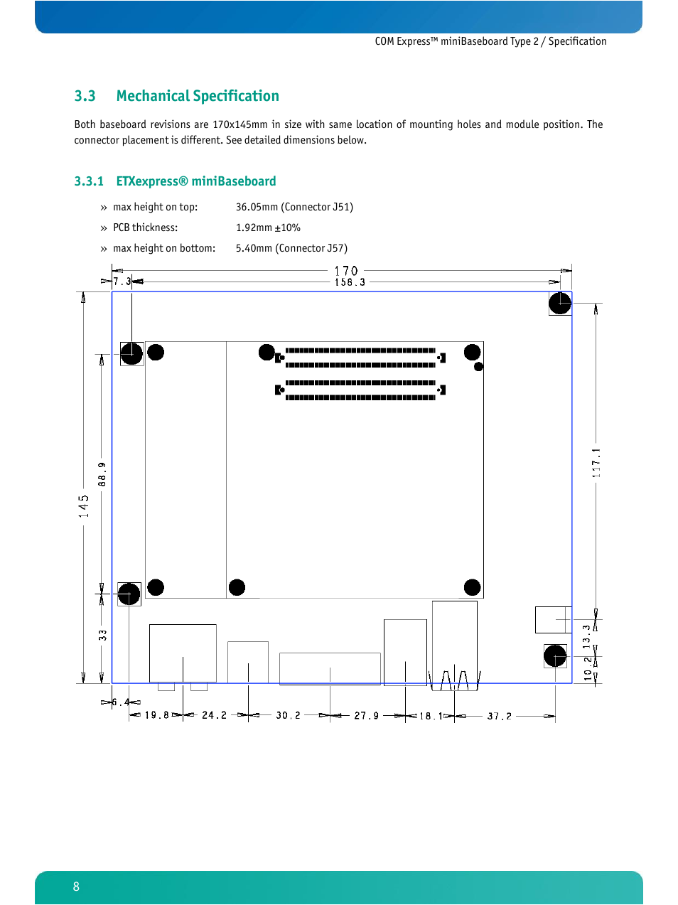 Mechanical specification, Etxexpress® minibaseboard, 3 mechanical specification | Kontron COMe Ref. Carrier T2 User Manual | Page 13 / 71