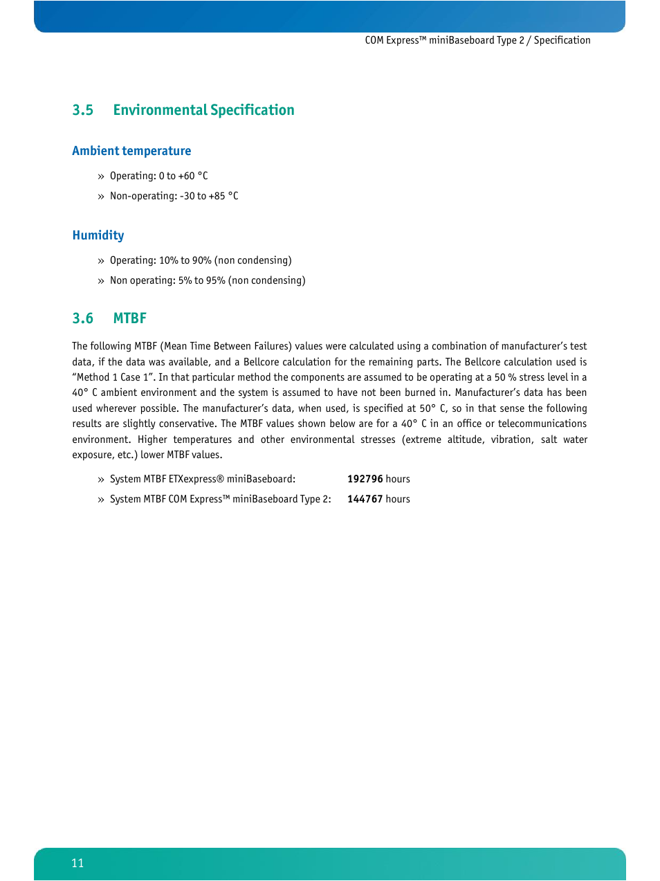 Environmental specification, Mtbf, 5 environmental specification | 6 mtbf | Kontron COMe Ref. Carrier T2 User Manual | Page 16 / 71