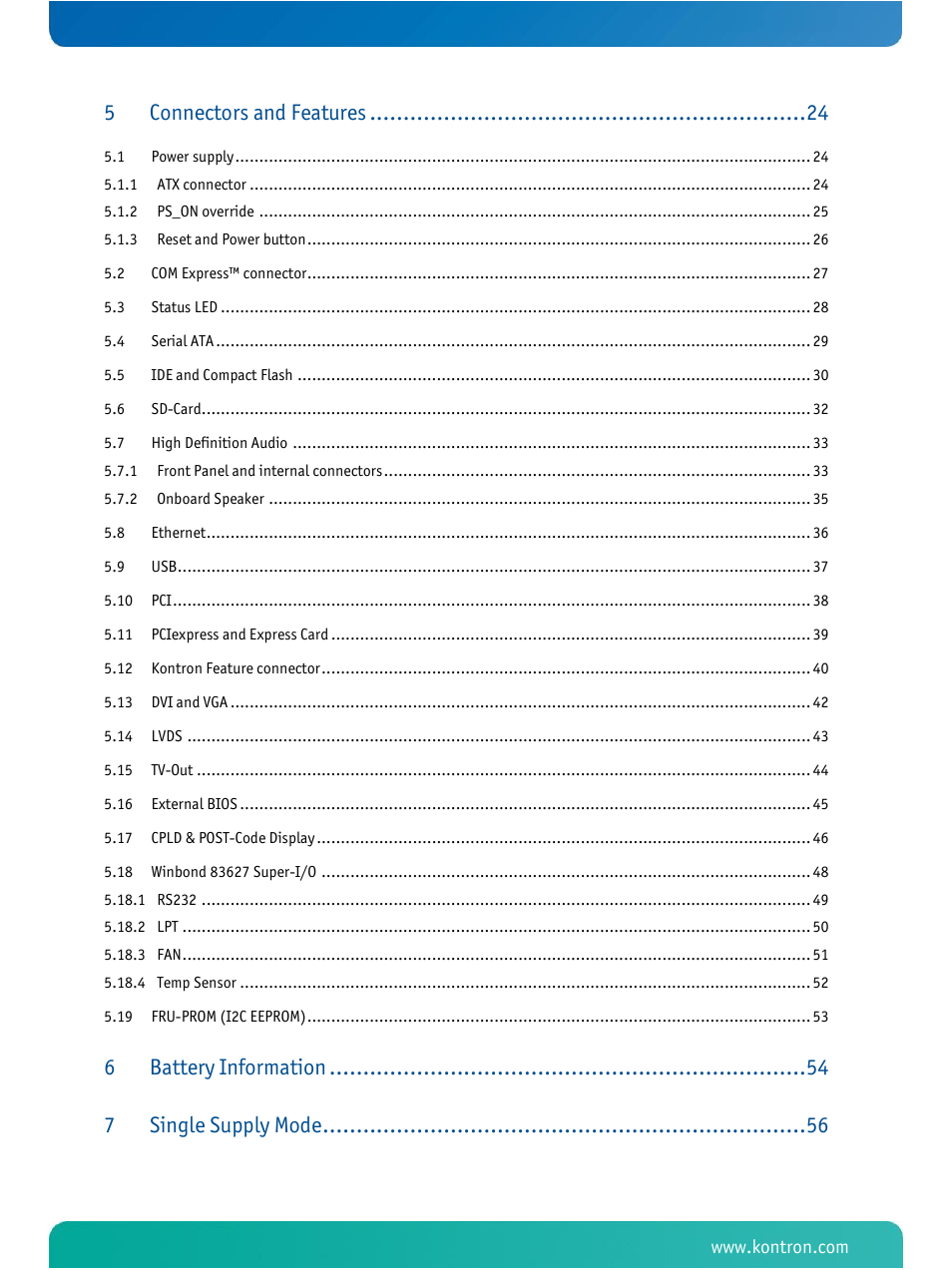 Connectors and features, Battery information, Single supply mode | Kontron COMe Ref. Carrier T2 User Manual | Page 4 / 71