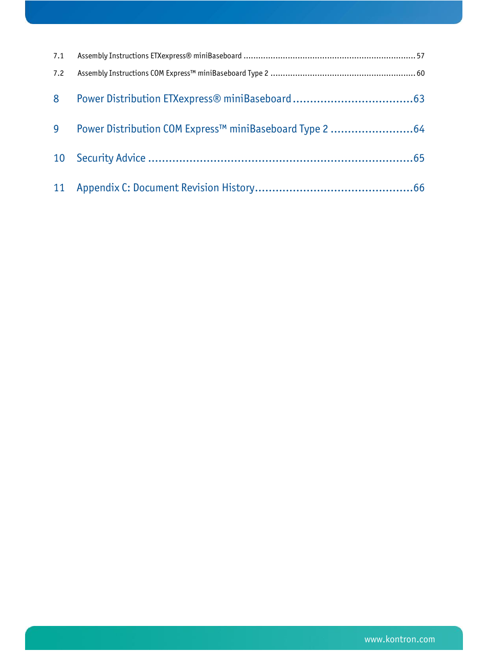 Power distribution etxexpress® minibaseboard, Security advice, Appendix c: document revision history | Kontron COMe Ref. Carrier T2 User Manual | Page 5 / 71