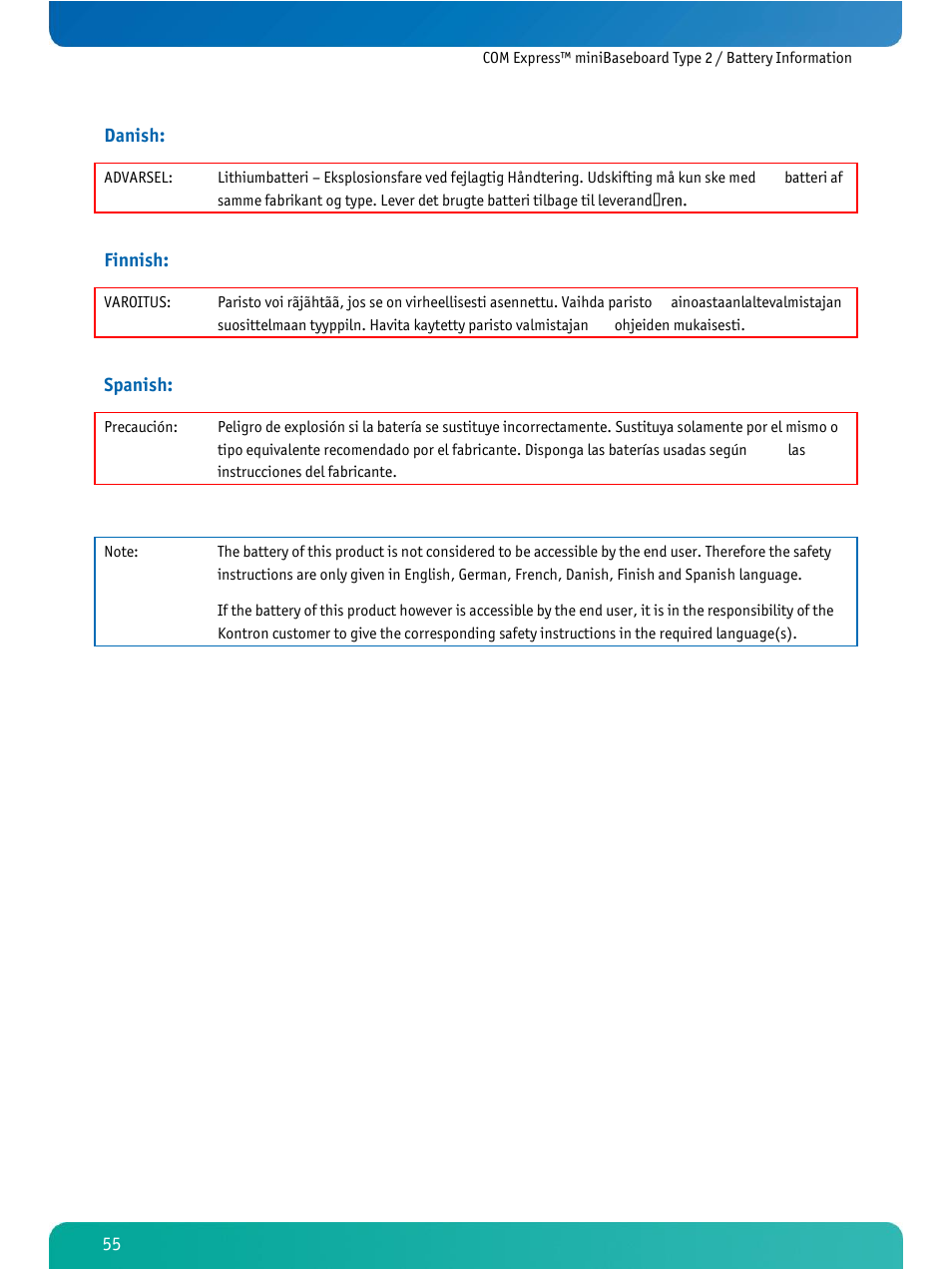 Danish, Finnish, Spanish | Kontron COMe Ref. Carrier T2 User Manual | Page 60 / 71