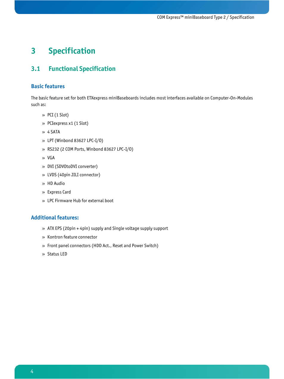 Specification, Functional specification, 3specification | 1 functional specification | Kontron COMe Ref. Carrier T2 User Manual | Page 9 / 71