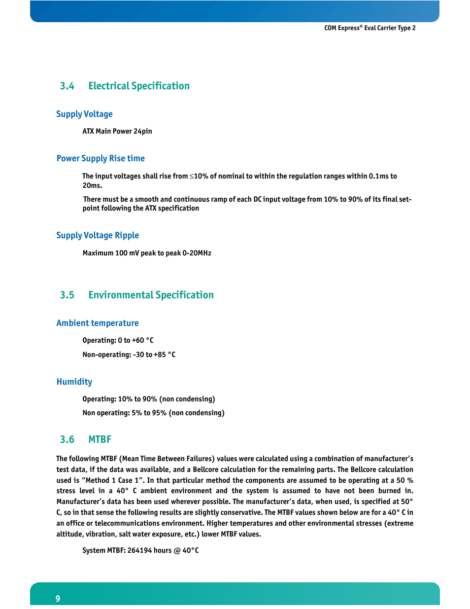4 electrical specification, 5 environmental specification, 6 mtbf | Kontron COMe Eval Carrier T2 User Manual | Page 10 / 37