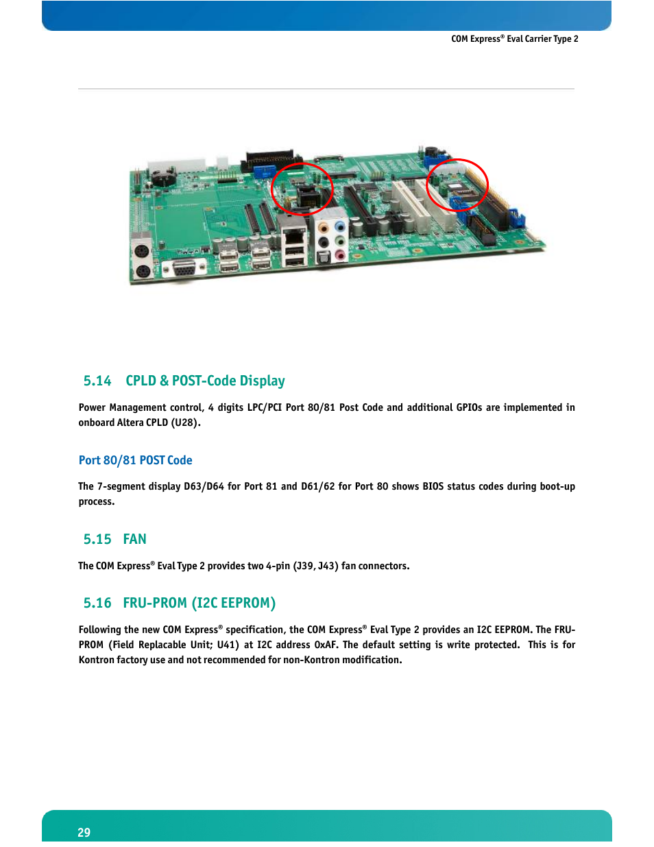 14 cpld & post-code display, 15 fan, 16 fru-prom (i2c eeprom) | Kontron COMe Eval Carrier T2 User Manual | Page 30 / 37