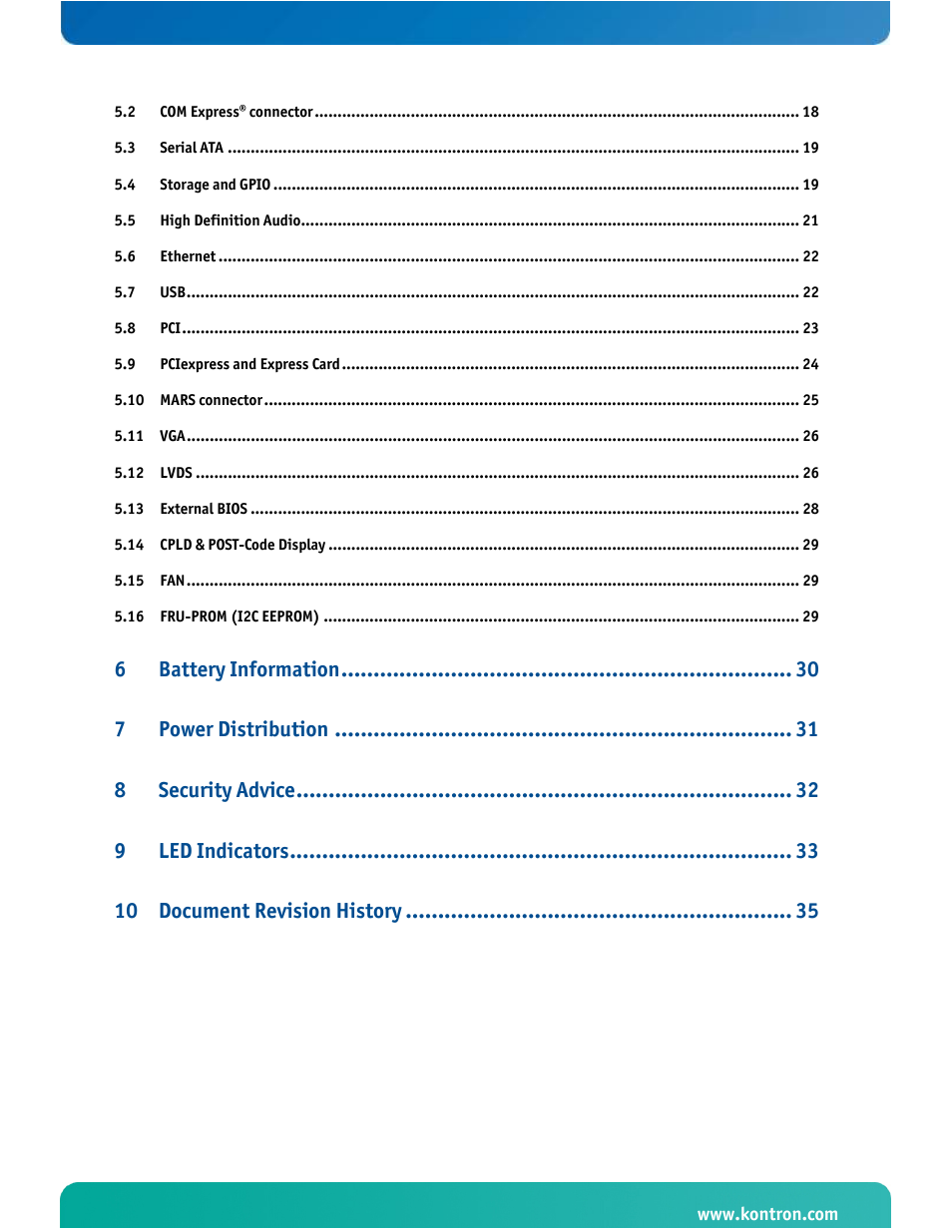 Battery information, Power distribution, Security advice | Led indicators, Document revision history | Kontron COMe Eval Carrier T2 User Manual | Page 4 / 37
