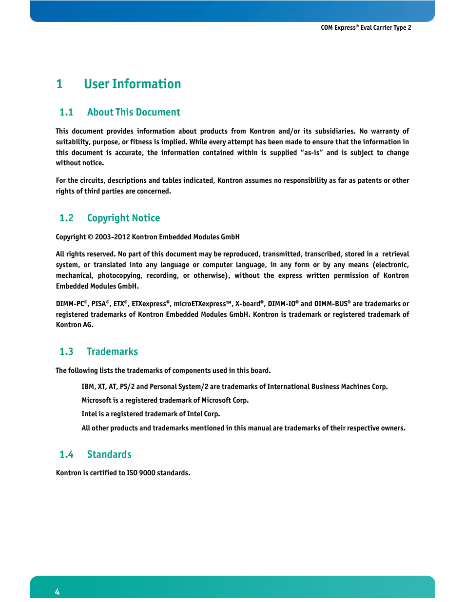 1user information, 1 about this document, 2 copyright notice | 3 trademarks, 4 standards | Kontron COMe Eval Carrier T2 User Manual | Page 5 / 37