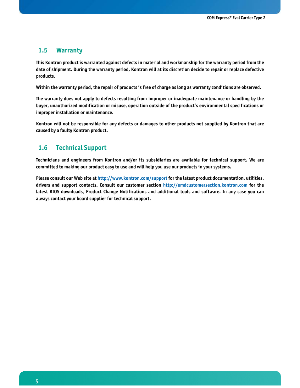 5 warranty, 6 technical support | Kontron COMe Eval Carrier T2 User Manual | Page 6 / 37