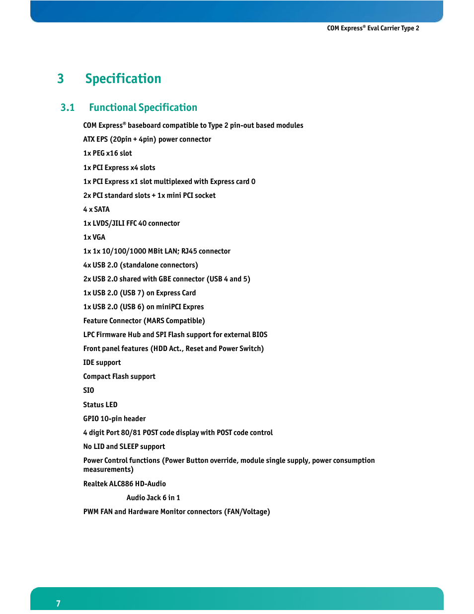 3specification, 1 functional specification | Kontron COMe Eval Carrier T2 User Manual | Page 8 / 37