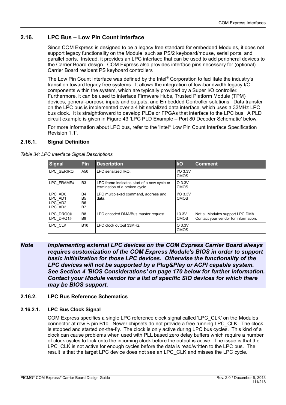 Lpc bus – low pin count interface, Signal definition, Lpc bus reference schematics | Lpc bus clock signal | Kontron COMe Starterkit Eval T2 User Manual | Page 111 / 218