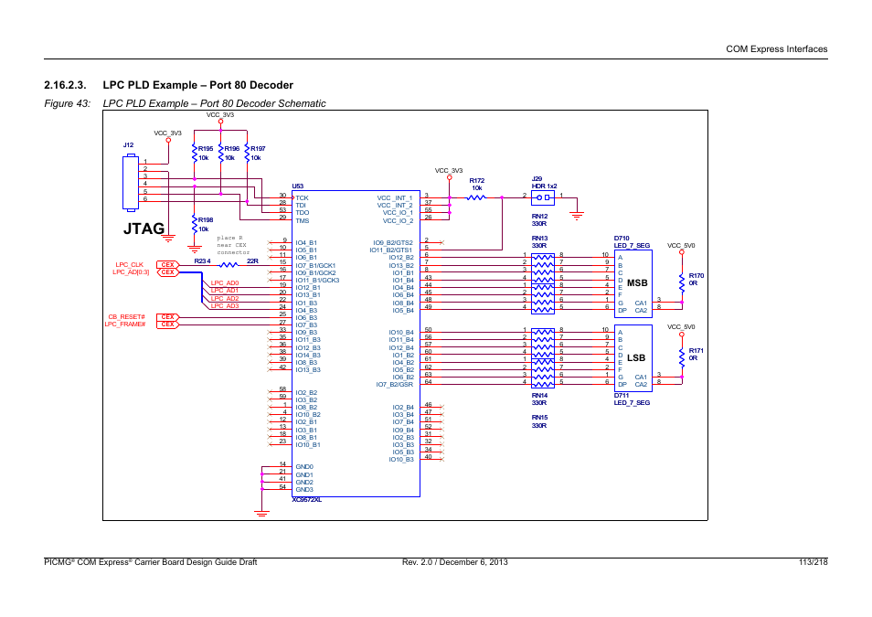 Lpc pld example – port 80 decoder, Jtag, Com express interfaces | Lsb msb | Kontron COMe Starterkit Eval T2 User Manual | Page 113 / 218
