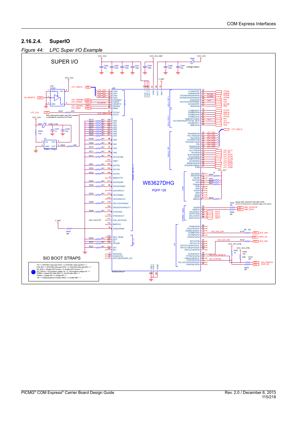 Superio, Super i/o, Superio figure 44: lpc super i/o example | Com express interfaces, Sio boot straps, Picmg, Com express | Kontron COMe Starterkit Eval T2 User Manual | Page 115 / 218