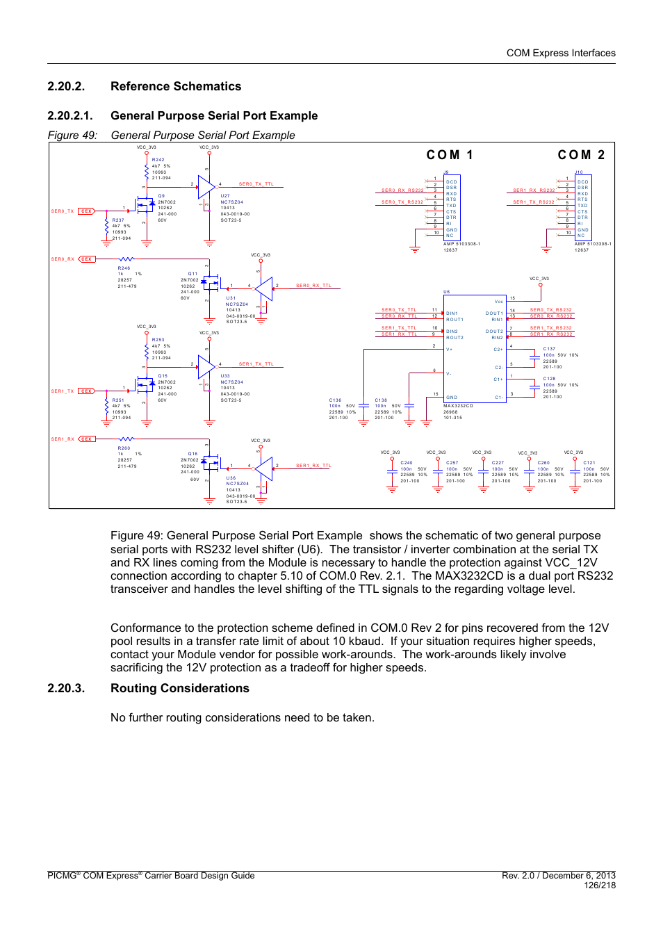 Reference schematics, General purpose serial port example, Routing considerations | C o m 1 c o m 2, No further routing considerations need to be taken, Com express interfaces, Picmg, Com express | Kontron COMe Starterkit Eval T2 User Manual | Page 126 / 218