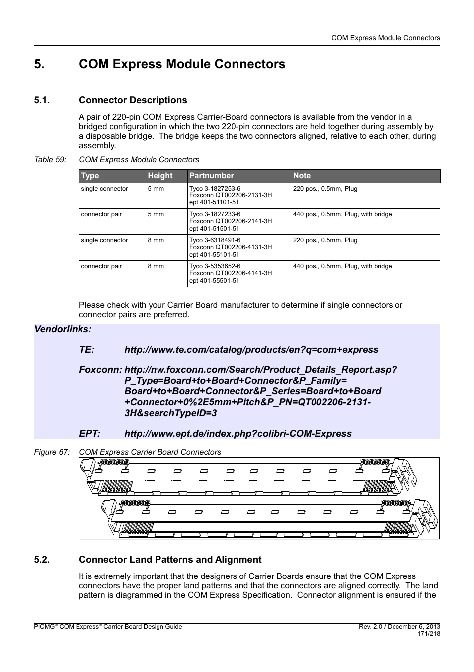 Com express module connectors, Connector descriptions, Connector land patterns and alignment | Kontron COMe Starterkit Eval T2 User Manual | Page 171 / 218