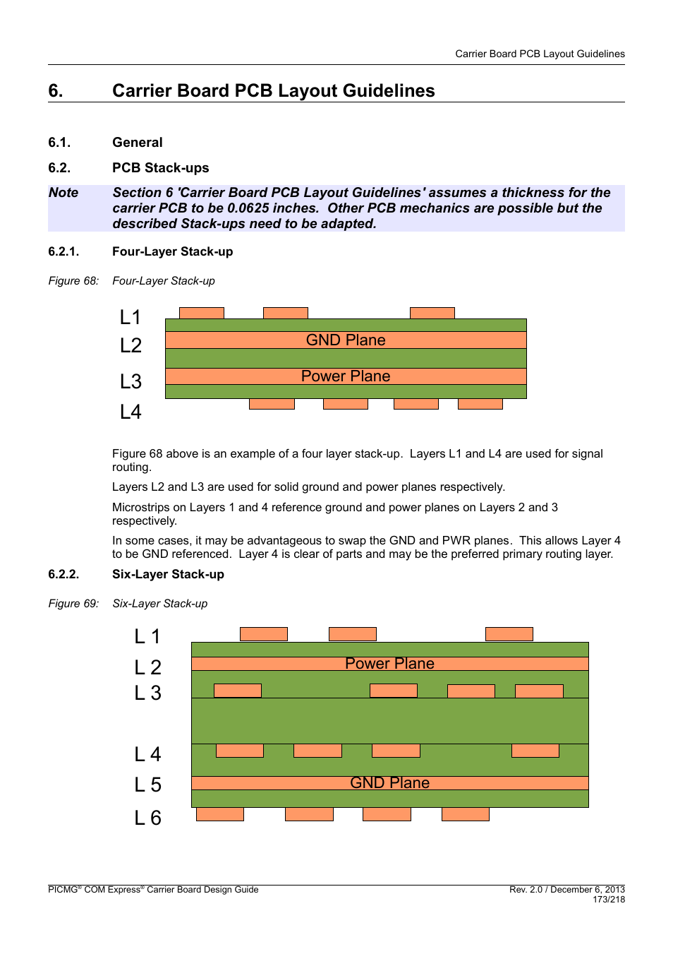 Carrier board pcb layout guidelines, General, Pcb stack-ups | Four-layer stack-up, Six-layer stack-up, General 6.2. pcb stack-ups, 'carrier board pcb layout guidelines, L1 l2 l3 l4, Gnd plane power plane, Power plane gnd plane | Kontron COMe Starterkit Eval T2 User Manual | Page 173 / 218