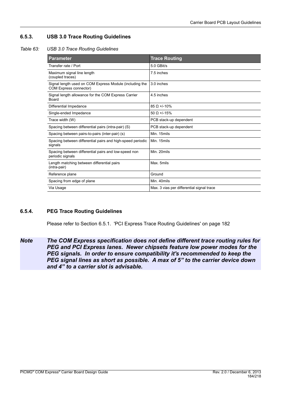 Usb 3.0 trace routing guidelines, Peg trace routing guidelines, 3 'usb 3.0 trace routing guidelines | Kontron COMe Starterkit Eval T2 User Manual | Page 184 / 218