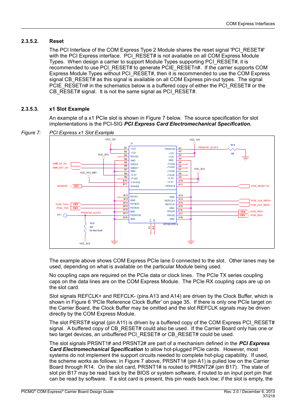 Reset, X1 slot example, Com express interfaces | Picmg, Com express | Kontron COMe Starterkit Eval T2 User Manual | Page 37 / 218