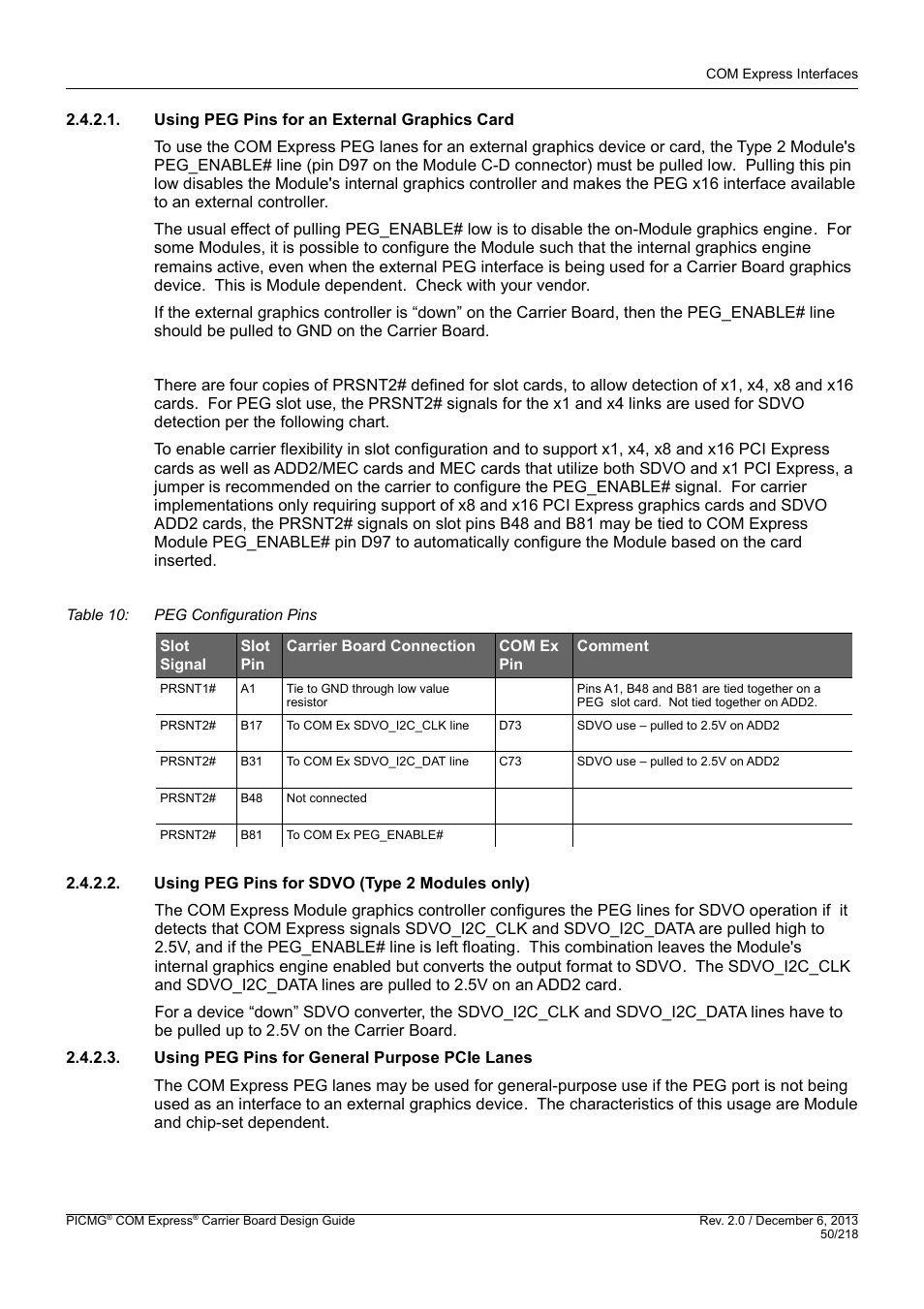 Using peg pins for an external graphics card, Using peg pins for sdvo (type 2 modules only), Using peg pins for general purpose pcie lanes | Kontron COMe Starterkit Eval T2 User Manual | Page 50 / 218