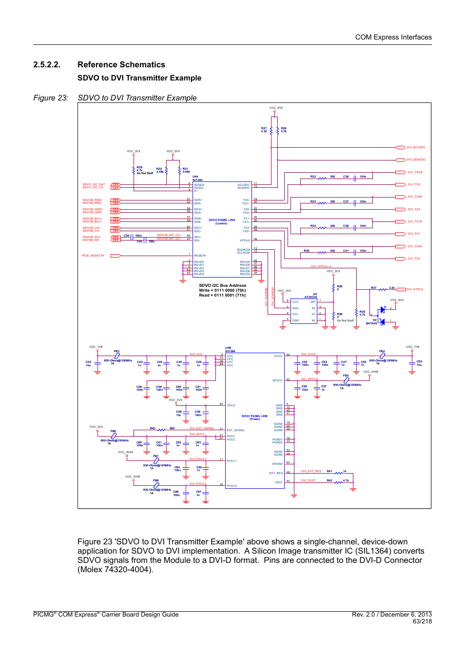 Reference schematics, Sdvo to dvi transmitter example, Com express interfaces | Picmg, Com express | Kontron COMe Starterkit Eval T2 User Manual | Page 63 / 218