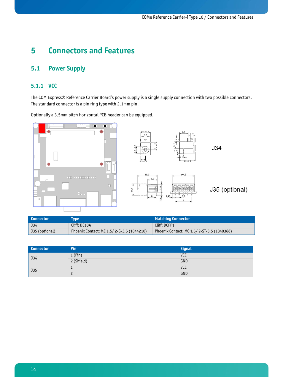 Connectors and features, Power supply, 5connectors and features | 1 power supply, 1 vcc | Kontron COMe Ref.Carrier-i T10 User Manual | Page 17 / 42