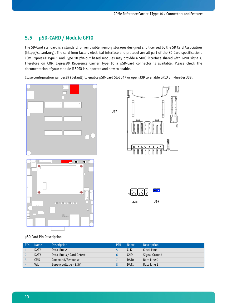 Μsd-card / module gpio, 5 µsd-card / module gpio | Kontron COMe Ref.Carrier-i T10 User Manual | Page 23 / 42