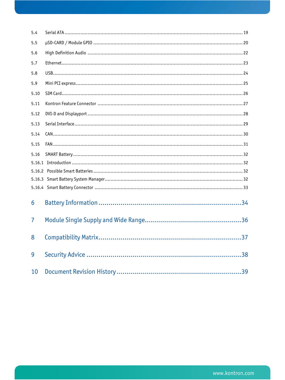 Battery information, Module single supply and wide range, Compatibility matrix | Security advice, Document revision history | Kontron COMe Ref.Carrier-i T10 User Manual | Page 3 / 42