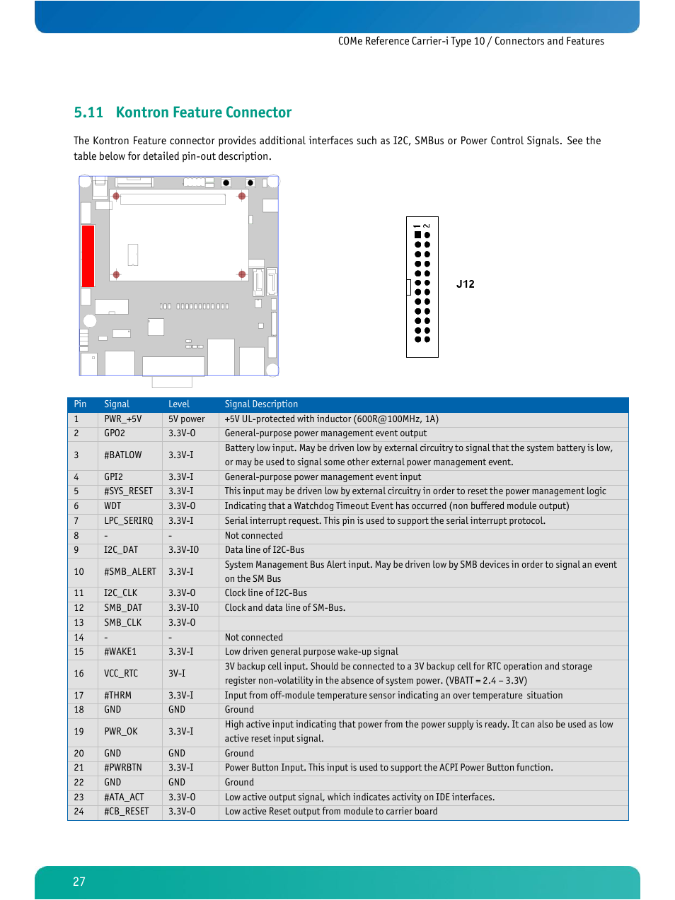 Kontron feature connector, 11 kontron feature connector | Kontron COMe Ref.Carrier-i T10 User Manual | Page 30 / 42