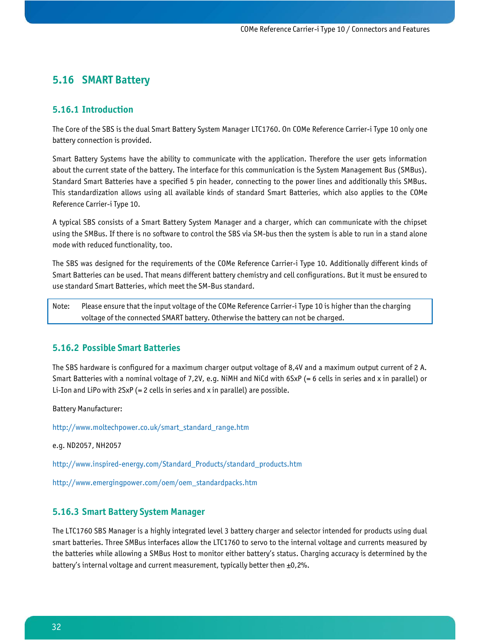 Smart battery, Introduction, Possible smart batteries | Smart battery system manager, 16 smart battery, 1 introduction, 2 possible smart batteries, 3 smart battery system manager | Kontron COMe Ref.Carrier-i T10 User Manual | Page 35 / 42