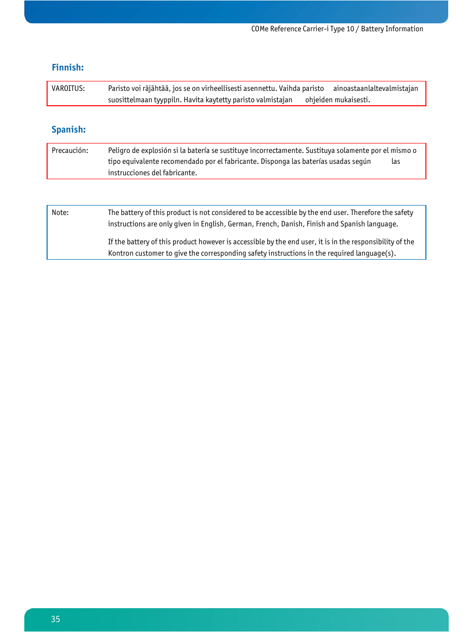 Finnish, Spanish | Kontron COMe Ref.Carrier-i T10 User Manual | Page 38 / 42