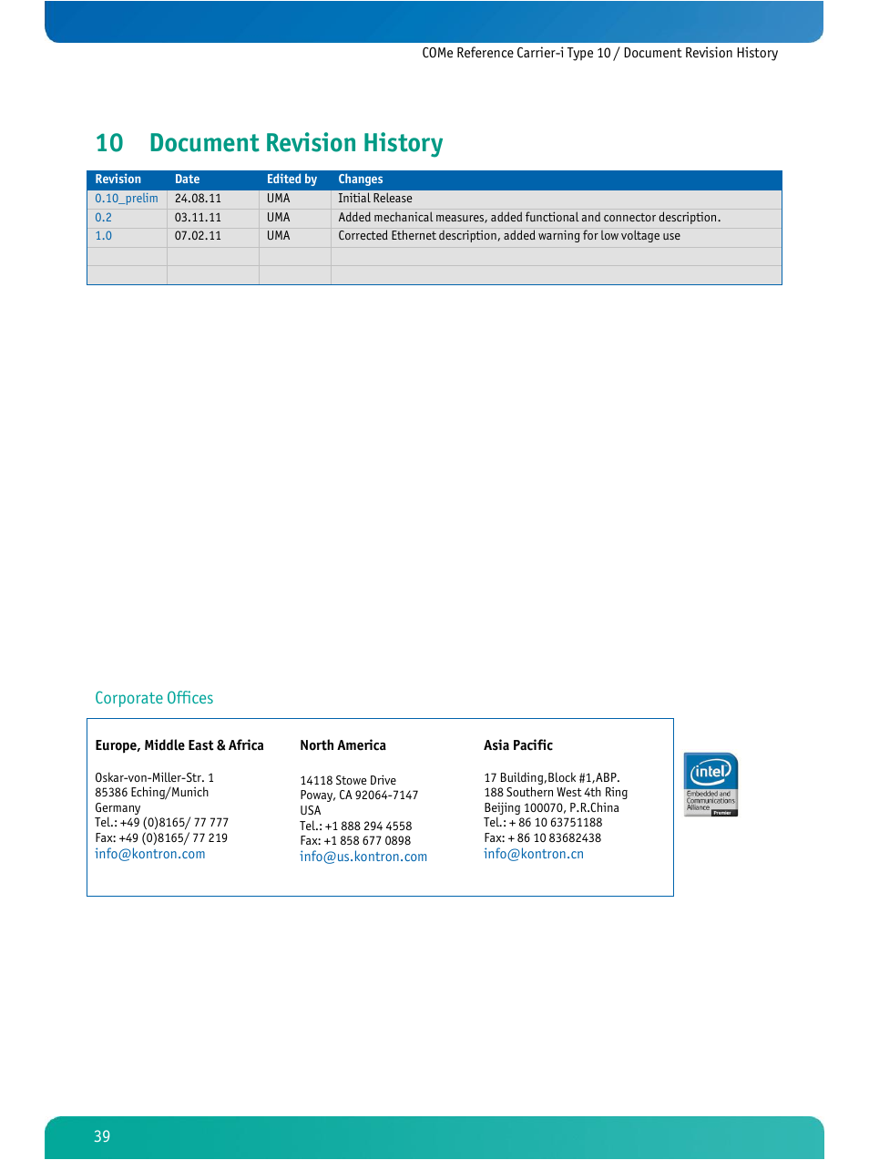 Document revision history, 10 document revision history, Corporate offices | Kontron COMe Ref.Carrier-i T10 User Manual | Page 42 / 42